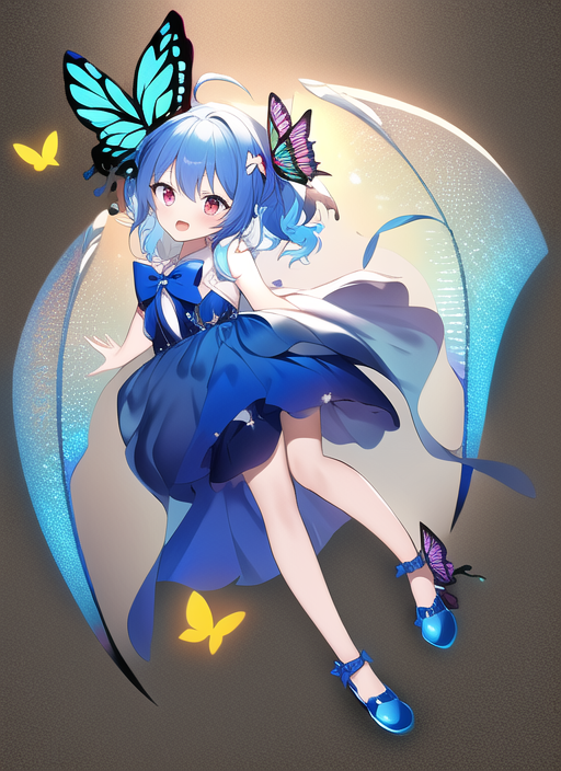 1girl, butterfly hair ornament, blue dress, blue bowtie, blue footwear, wings, b s-2589258981.png