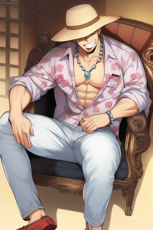 1man, [muscular male], {in the style of tite kubo},sitting on a throne, grin,{{ s-1051411073.png