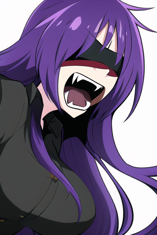 Angry purple hair, blind folded. Woman . Long hair. Fangs. s-1496359179.png