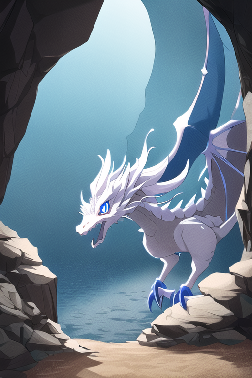 Baby white dragon, blue eyes, inside a cave with blue lights s-881208684.png
