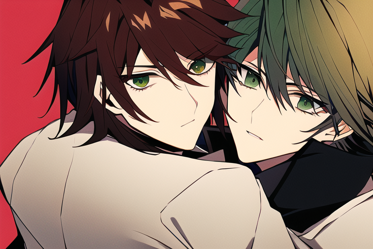 seto kaiba hugging his brother,{in the style of yugioh}, brown hair,green eyes s-2141809245.png