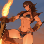 Tanned Brunette Barbarian woman, bikini armor, {claymore, fire}, holding sword, s-935307297.png