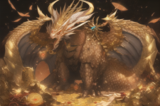regal dragon, sitting atop hoard with golden scales and many horns,{{dragon}},go s-1002093805.png