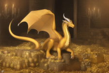 regal dragon, sitting atop hoard with golden scales and many horns,{{dragon}},go s-705805504.png