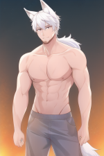 1man, {stubble}, white hair, wolf ears, wolf tail, no shirt, s-3651825691.png