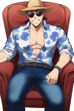 1man, [muscular male], {in the style of tite kubo},sitting on a throne, grin,{{ s-2702767169.png