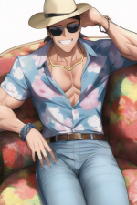 1man, [muscular male], {in the style of tite kubo},sitting on a throne, grin,{{ s-2107657624.png