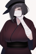 A tall middle aged woman wearing a kimono with a black peaked hat and bandages c s-2845840207.png