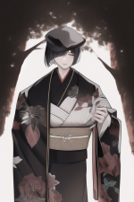 A tall middle aged woman wearing a kimono with a black peaked hat and bandages c s-2795520281.png