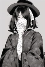 A tall middle aged woman wearing a kimono with a black peaked hat and bandages c s-3118145381.png