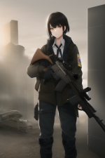 A post-apocalyptic girl in school uniform with an assault rifle. s-2299141275.png