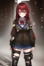 A post-apocalyptic girl in school uniform,red hair, torn clothes, s-3406201874.png
