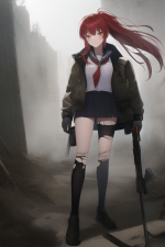 A post-apocalyptic girl in school uniform,red hair, torn clothes, s-1279136795.png