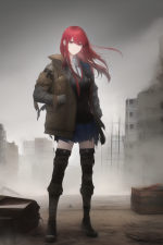 A post-apocalyptic girl in school uniform,red hair, torn clothes, s-1623755182.png