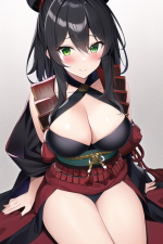a girl with black hair and green eyes with a red traditional samurai armor s-3602240376.png